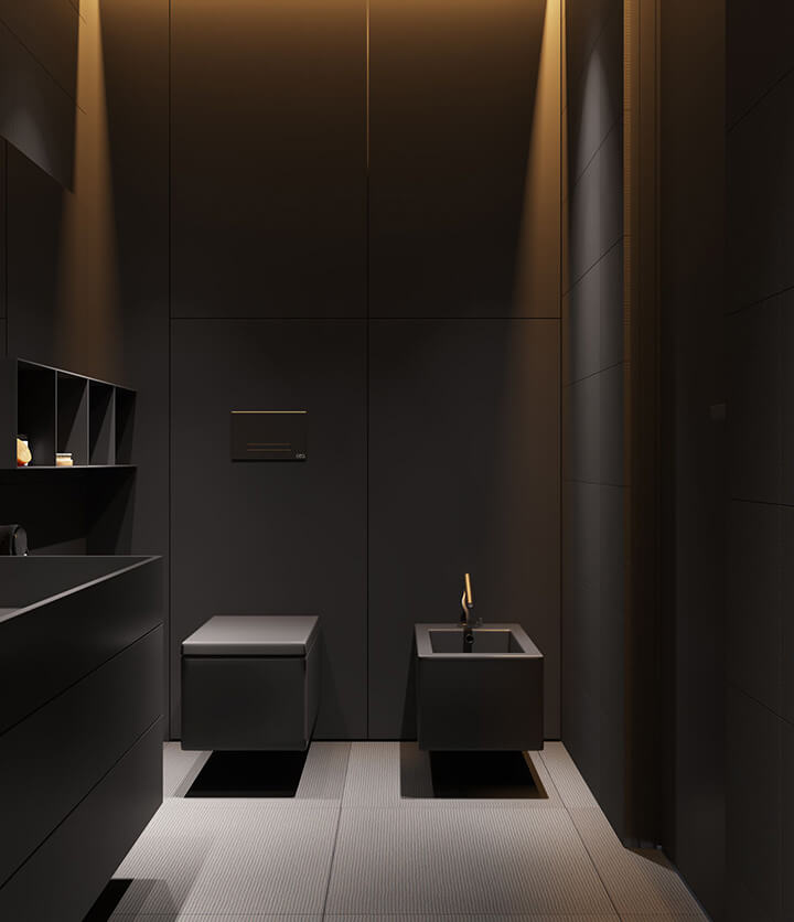 donker design toilet met zwart hangtoilet