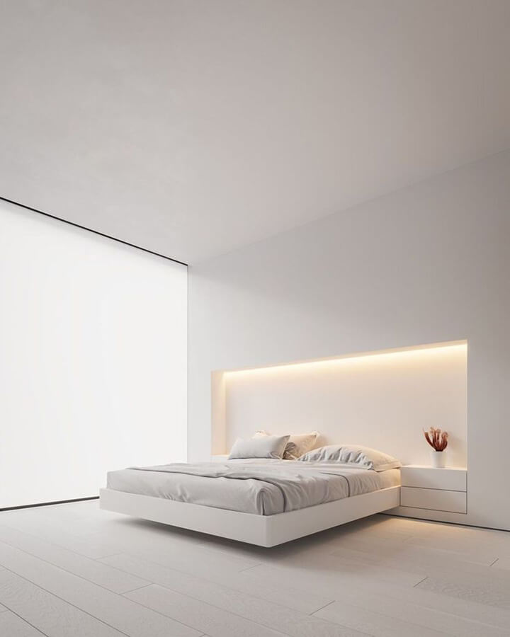minimal slaapkamer inrichting met zwevend bed